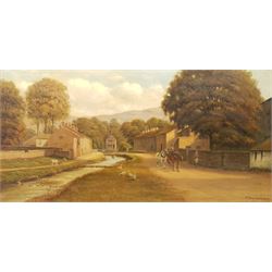 Frederick Charles Cawthorne (British 1877-?): Horses and Milkmaid by the Village Stream, oil on canvas signed and dated 1928, 60cm x 121cm
