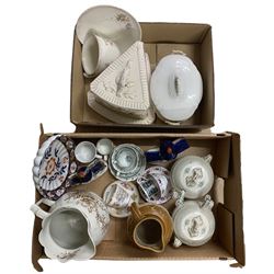 Victorian and later ceramics including Staffordshire Houses, large cheese dish and cover, Victoriana stoneware jug, transfer printed wares etc in two boxes