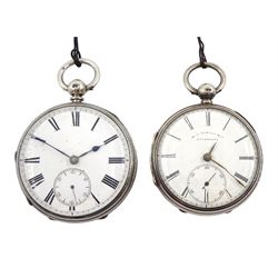 Two Victorian silver open face lever fusee pocket watches, white enamel dials with Roman numerals and subsidiary seconds dials, one by M.I. Tobias, Liverpool, No. 41486, Chester 1878 and one other unsigned, London 1880 (2)