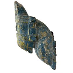 South Indian Horse head finial, with blue and yellow polychrome decoration, H27cm approx