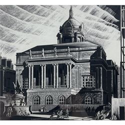 Geoffrey Heath Wedgwood (British 1900-1977): Liverpool Town Hall and the Nelson Monument, monochrome woodcut print signed with initials 21cm x 22cm