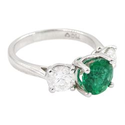 18ct white gold three stone emerald and round brilliant cut diamond ring, hallmarked, total diamond weight approx 1.30 carat, emerald approx 1.35 carat