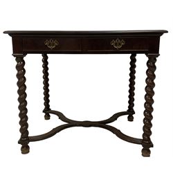 William and Mary design mahogany and stained beech side table, rectangular top with twin brushing slides to each side, fitted with two cock-beaded drawers, raised on spiral turned supports united by curved X-stretcher 