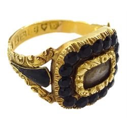 George IV 18ct gold mourning ring, the central glass panel with surround of black glass beads, with openwork bifurcated scroll carved shoulders, set with enamel, the inner head inscribed 'In Memory of Philip White 11 April 1829 at 54', London 1829