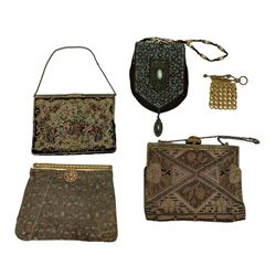 Cut steel miser's purse, mesh evening purse with enamel decoration, another, bead work and other purses and a French glass powder box