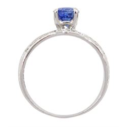 White gold oval cut sapphire ring, with diamond set shoulders, hallmarked 14ct, sapphire approx 1.00 carat