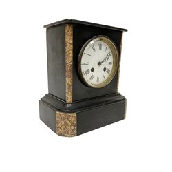 French - 8-day striking mantle clock in a Belgium slate and marble case, white enamel dial with Roman numerals and steel moon hands, striking the hours and half hours on a bell.