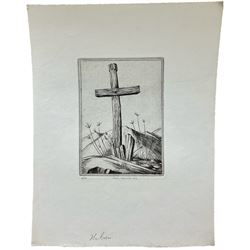 Frederick George Austin (British 1902-1990):  Frederick George Austin (British 1902-1990): Wooden Cross Grave Marker - 'Hebron', drypoint etching signed titled dated 1929 and numbered 4/50 in pencil 13cm x 9.5cm (unframed)
Provenance: direct from the granddaughter of the artist 
