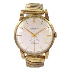 Accurist gentleman's 9ct gold manual wind wristwatch, silvered dial with subsidiary seconds dial, Edinburgh 1959, on expanding gilt bracelet