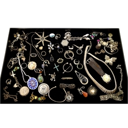 Collection of silver and stone set silver jewellery including Scottish silver Celtic brooch by Robert Allison, paste pheasant brooch, agate pendant, charm bracelets, necklaces, earrings and brooches, all stamped or hallmarked , Cyma wristwatch and other vintage jewellery
