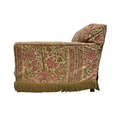 Early 20th century Howard design armchair, upholstered in neutral with sprung back and seat, hardwood frame, raised on square supports, the removable chair covering decorated with pink and green floral decoration, with second covering in deep coral with fringing
Provenance: property of a gentleman
