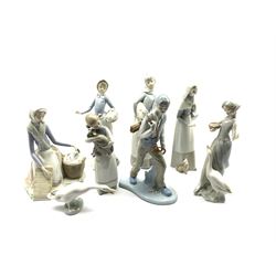 Lladro figure of a girl holding a lamb H28cm, another of a girl with a basket, two other Lladro figures and four other Spanish figures (8)