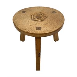 'Gnomeman' oak occasional table, circular tooled top with carved Yorkshire Rose, on three supports, one support carved with gnome signature, by Thomas Whittaker of Littlebeck, Whitby 