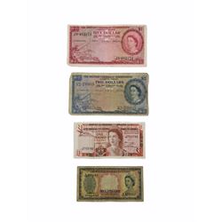 Queen Elizabeth II Board of Commissioners of Currency Malaya and British Borneo one dollar banknote 21st March 1953 'A/58 673457', The British Caribbean Territories Eastern Group one dollar 'J4-043174' and two dollars 'V2-230935' both 2nd January 1962 and a Government of Gibraltar one pound note 20th November 1975 'J753793' (4)