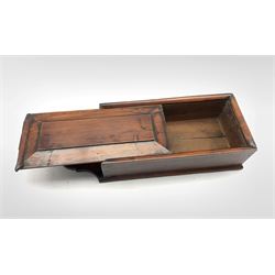 Early 19th century mahogany candle box with a shaped top and panelled sliding cover, H42cm 