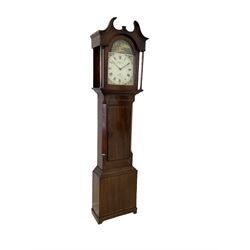 William Richardson of Brampton (Cumberland) - 30-hour mahogany cased longcase clock c1840, wtih a swans neck pediment, break arch door beneath flanked by turned pilasters, trunk with inlay and canted corners with a round cornered door, plinth with inlay to the edge on a raised skirting with feet, painted dial with floral spandrels and a scene of a rural cottage to the arch, Roman numerals and minute track with matching steel hands, dial pinned directly to a chain driven count wheel movement, striking the hours on a bell. With weight and pendulum. William Richardson is recorded as a clockmaker and cabinet maker, this probably accounts for this better than average case for a 30 hour clock. 