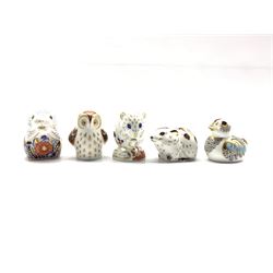 Five Royal Crown Derby paperweights comprising Poppy Mouse, Owlet, Bank Vole, Derby Dormouse and Duckling (5)