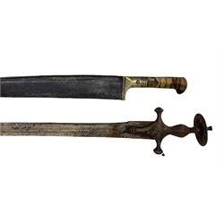 19th century Afghan Khyber knife with horn grip and scabbard L84cm overall and a 19th century Indian Tulwar (2)