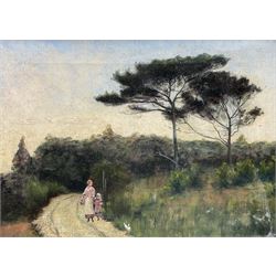 EK Black* (British Early 20th Century): Mother and Daughter take a Woodland Walk, oil on canvas indistinctly signed 31cm x 42cm 