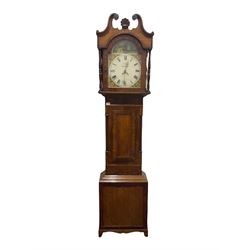 A provincial Victorian 30hr longcase clock in a contrasting light oak and mahogany case with a movement by Thomas Snow of Knaresborough, swan neck pediment with turned wooden paterae and acanthus carving to the centre, with shaped back splats and turned mahogany columns flanking the break-arch door, trunk inlaid with contrasting veneers and reeded corner pillars, short flat-topped door with a recessed panel and crossbanding, on a square plinth with a conforming recessed panel and shaped feet, 13” fully painted dial inscribed with the makers name and a depiction of a rural scene with a bridge and river to the break arch, matching fully painted spandrels to the corners, broad Roman numerals and minute track with a semi-circular date aperture and date disc, matching stamped brass hands, dial pinned directly to the chain driven countwheel movement striking the hours on a bell. With pendulum and weight. 
The Snow family were a  prolific family of  predominantly rural clockmakers working in numerous North Yorkshire market towns during the 18th and 19th century. Thomas Snow is thought to have worked in Otley and Birstwith as well as working in High Street, Knaresborough from 1834-44. 


