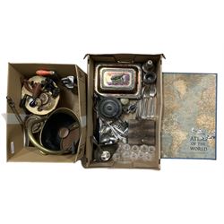 National Geographic Atlas of the World, Enlarged Second Edition, silver-plated cutlery, entree dish, sugar sifter, brass coal bucket, set of scales etc in two boxes