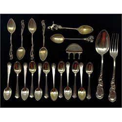 Set of twelve German 800 standard silver coffee spoons initialled 'R', spoon and fork by Stork with rococo stems and seven other items (21) approx 10oz
