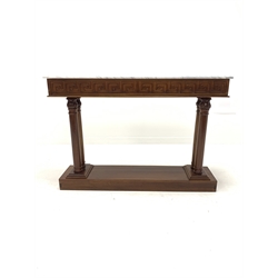 20th century mahogany console table of classical design, with white moulded rectangular marble top over carved Greek key frieze, raised on four leaf capped turned columns united by under tier, W132cm, H92cm, D31cm