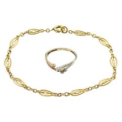 9ct white and yellow gold diamond chip ring, hallmarked and a 16ct gold link bracelet tested