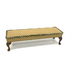 Early 20th century footstool, upholstered top over four walnut shell carved cabriole supports 
