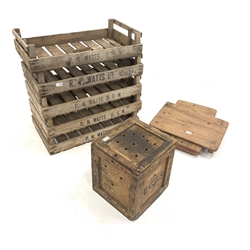 Set of five pine strawberry crates, stamped P M WATTS, (L67cm) together with an egg box (W35cm) and three rustic chopping boards (W54cm)