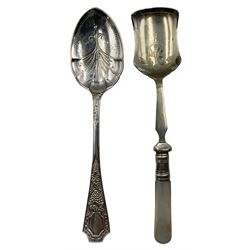 Two silver mounted cut glass bottles, Victorian silver teaspoon, set of three early 20th century silver teaspoons, silver sugar tongs etc 