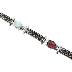 Silver two-tone opal and marcasite bracelet, stamped 925