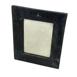 Arts & Crafts rectangular copper wall mirror with three blue and green enamel roundels, 38cm x 31cm 