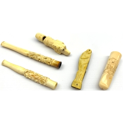 19th Century carved bone whistle modelled as a hounds head L6cm, Japanese ivory cheroot holder, two bone cigarette holders and a pen knife with simulated ivory case formed as a nude female