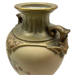 Royal Worcester blush ivory twin handled vase and cover, of ovoid footed form, each side decorated with flowers and thistles, shape no.1632, H26cm 