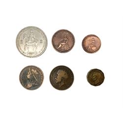 Great British and World coins, including George III 1817 halfcrown, two Queen Victoria gothic florins, other Great British pre 1920 silver coins, King George V 1935 crown, commemorative crowns, King George V Australia 1911 one shilling, United States of America 1854 half dime, 1906O one dime and gold one dollar coin previously heavily mounted etc and an album of World stamps with Australia, Austria, Belgium, Canada, China, Cyprus, France, Germany, Hong Kong, India, Japan, Malta, New Zealand etc