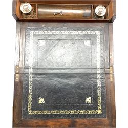 Victorian burr walnut lady's writing or jewellery box, the mother of pearl and brass inlaid cover opening to reveal a fitted interior, with lift out tray to reveal a pullout folding writing slope, with pen rest and inkwell compartment, L30cm x H15cm 