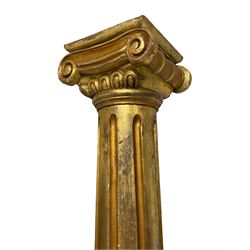 Classical carved giltwood Ionic column, square top over volute and egg and dart carved capital, fluted shaft on circular and square moulded base