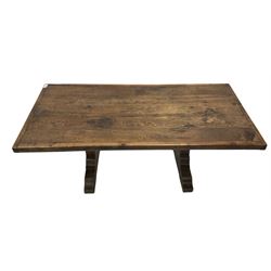 18th century design oak refectory dining table, rectangular top over shaped end supports, united by chamfered and pegged stretcher