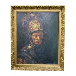 Geoff Binns (British 20th century) after Rembrandt van Rijn (Dutch 1606-1669): 'The Man with the Golden Helmet', oil on board signed 50cm x 40cm together with three large prints (4)