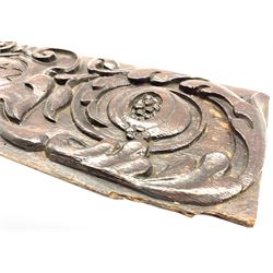 17th Century oak panel carved with foliate scrolls and dated 1642 in a central cartouche 15cm x 50cm