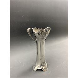 Art Nouveau WMF silver-plated twin handled posy vase, H15cm, another WMF vase with glass liner stamped 115A, Art Nouveau pewter dish possibly by Orivit pewter, together with a Steuben glass posy vase on wrythen form base, signed beneath, H20cm