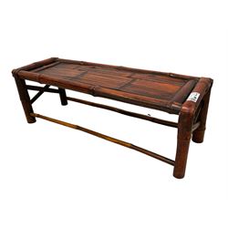 Victorian mahogany tripod table, rectangular top on turned column, three out-splayed supports (44cm x 37cm, H73cm); small bamboo bench (W89cm, H31cm) (2)

