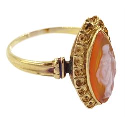 19th century 18ct gold sardonyx cameo ring, the lozenge shaped sardonyx carved depicting a classical female figure, within a navette frame and to fancy shoulders