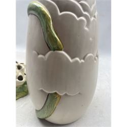 Clarice Cliff  Fantasque Bizarre posy holder, H11cm together with a Clarice Cliff Newport Pottery relief decorated vase no. 83L (2)