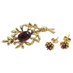 Gold garnet brooch and pair of gold garnet stud earrings, all hallmarked 9ct