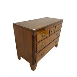 George III and later oak chest of drawers, the flat top and frieze with chequered inlay over three short drawers and two long, raised on bracket supports W123cm, H92cm, D55cm