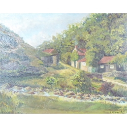 Harold Pye (Fylingdales Group 20th century): 'The Cottages Darnholme Goathland', oil on canvas signed 40cm x 50cm and Korognai J(Hungarian 1950-): On the Riverside, oil on board signed, titled verso 28cm x 38cm (2)  