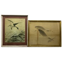 Japanese School (19th century): Study of Carp, watercolour on silk together with Chinese print of Goose in flight max 48cm x 62cm (2)