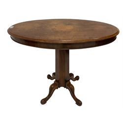 Victorian mahogany occasional table, oval top with moulded edge and banded frieze, raised on octagonal pedestal terminating in scrolled cabriole supports with acanthus leaf carving
